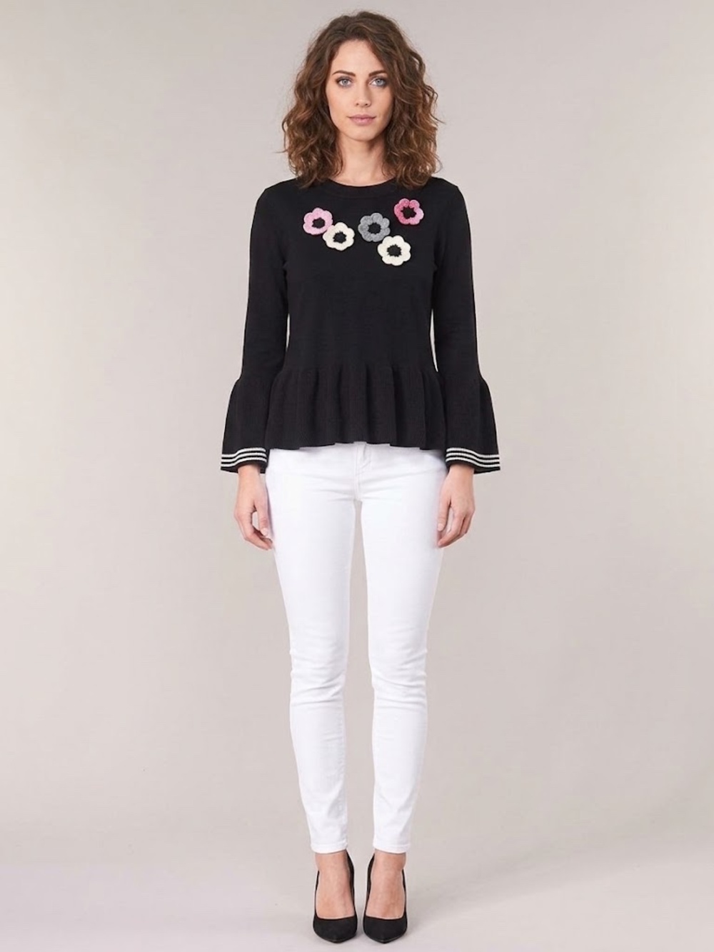 Kate Spade Crochet Flower Bell Peplum Sweater Black Size L